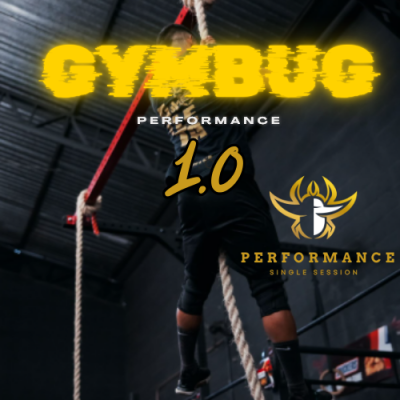 Pessoa a escalar corda num ginásio com texto promocional GYMBUG PERFORMANCE 1.0