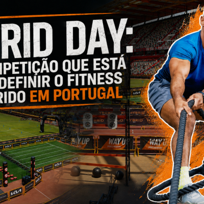 Hybrid Day: Corrida, Força e Resistência no Mesmo Desafio Banner de fitness HYBRID DAY com homem a puxar cordas e estádio ao fundo