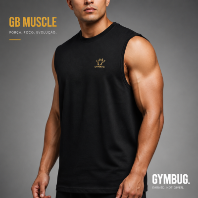 Camisola preta sem mangas GYMBUG em homem musculado com fundo cinzento