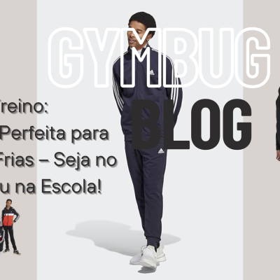 Modelos com fatos de treino em cores escuras com texto promocional sobre fatos de treino para manhãs frias