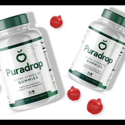 Frascos de Puradrop Extra Strength Gummies com gomas vermelhas ao redor
