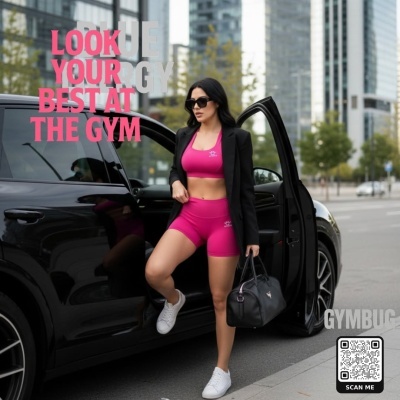 Mulher com conjunto desportivo rosa fluorescente e blazer preto ao lado de carro preto na cidade