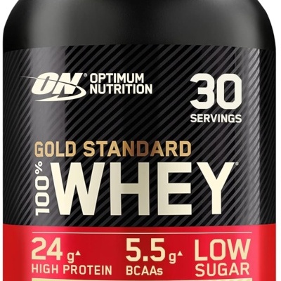Frasco preto de suplemento alimentar Optimum Nutrition Whey Vanilla Ice Cream