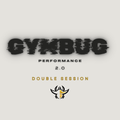 Logótipo GYMBUG PERFORMANCE 2.0 DOUBLE SESSION com símbolo de inseto em fundo branco