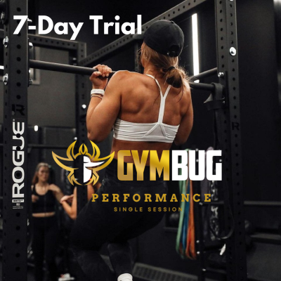 Mulher a fazer pull-up numa barra de treino com logótipos e texto promocional