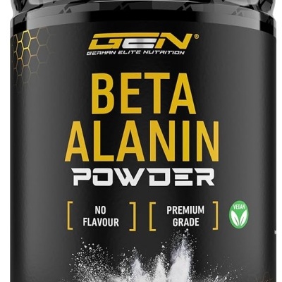 Pote preto de suplemento Beta Alanin em pó da marca German Elite Nutrition com design amarelo, branco e preto.