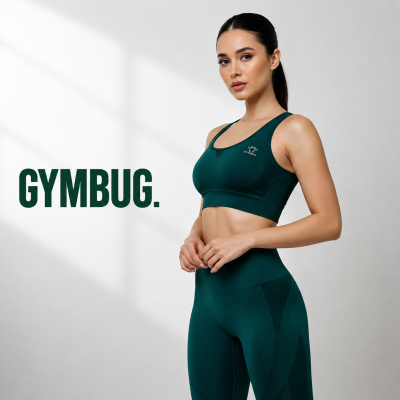 Mulher com conjunto desportivo verde escuro com top e leggings, texto GYMBUG ao lado