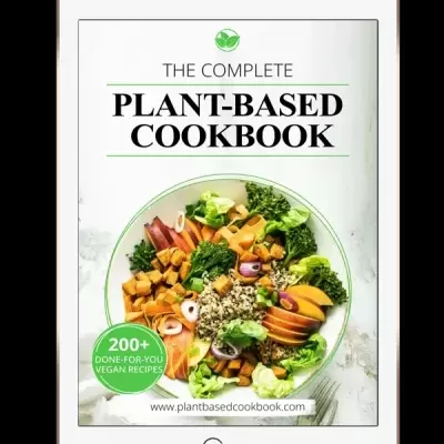 Capa digital de livro de receitas à base de plantas num tablet branco