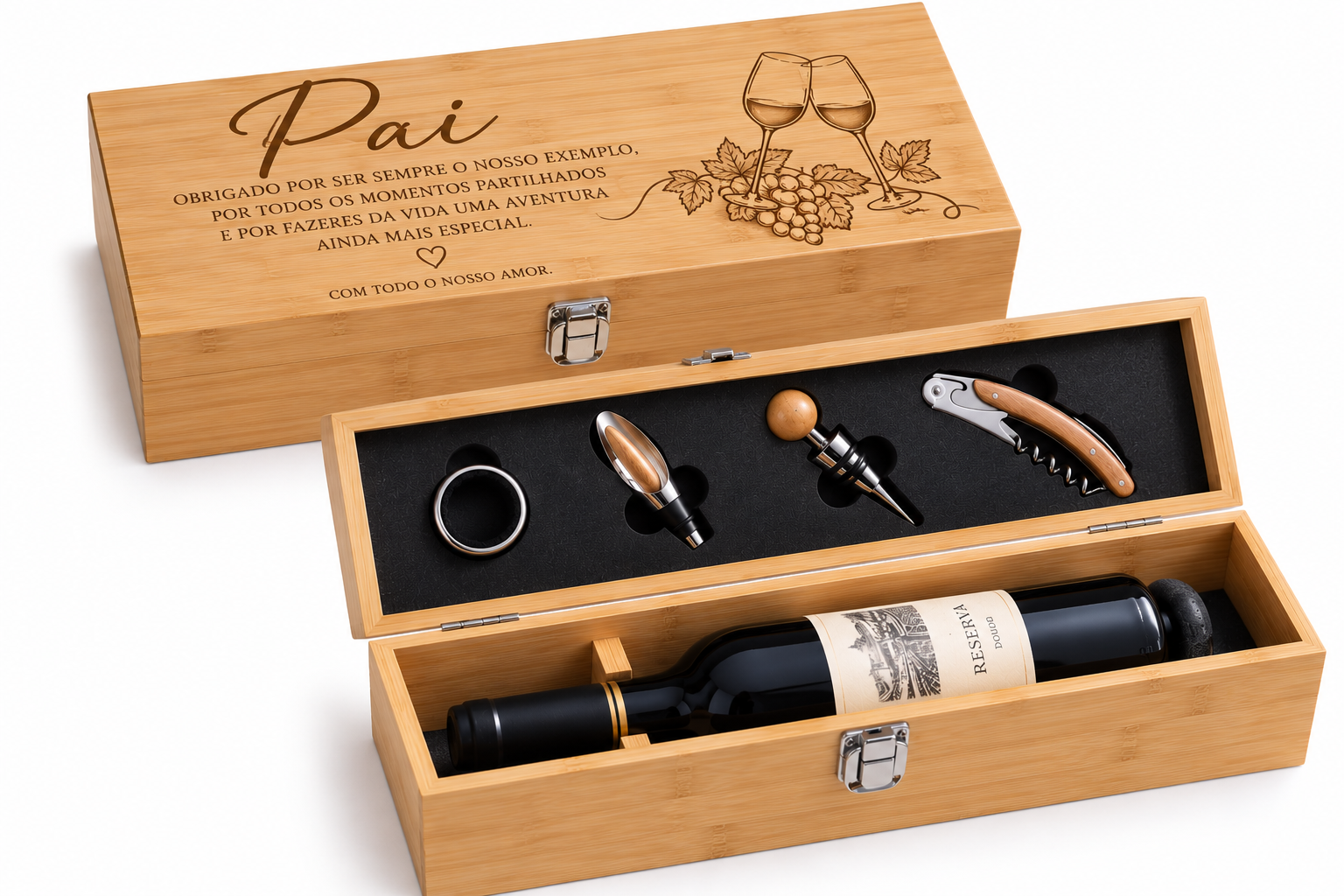 Conjunto de Vinho Personalizado para Pai Conjunto de vinho em caixa de madeira clara com frase para pai, inclui ferramentas para vinho e garrafa de vinho tinto