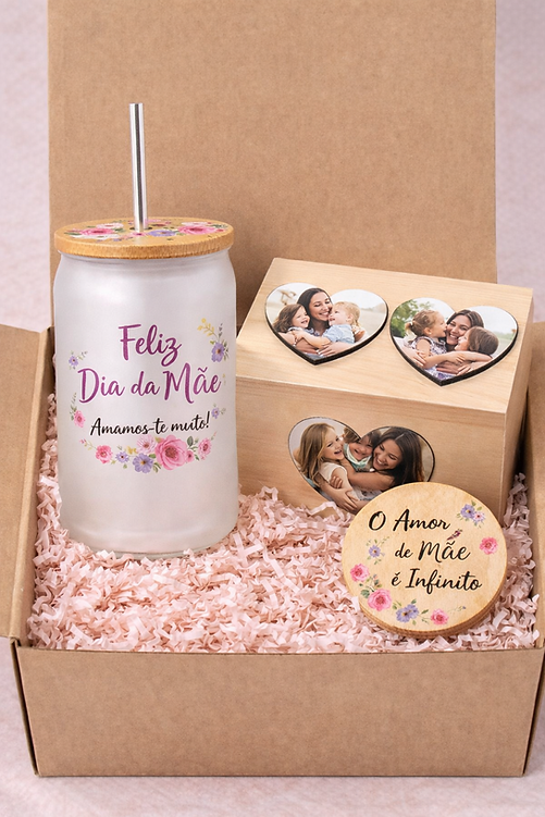 Kit Presente Personalizado – Elegância & Emoção Conjunto presente para Dia da Mãe com copo de vidro, caixa de madeira com fotos e placa decorativa