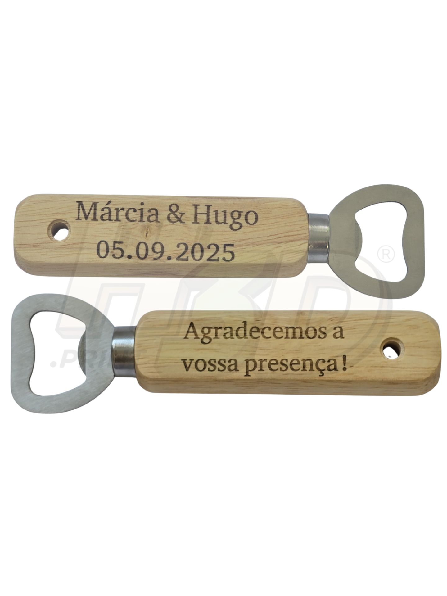 Abre-Caricas Personalizado em Madeira Abre-garrafas com pega de madeira e texto gravado para evento