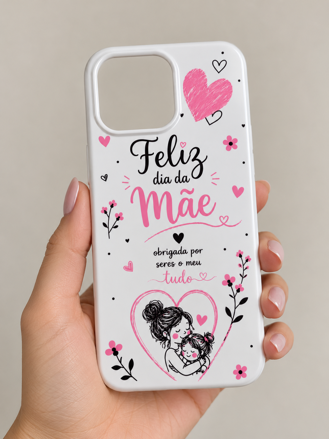 Capa de Telemóvel Personalizada – iPhone Capa de telemóvel branca com estampado de dia da Mãe em rosa e preto com ilustração de mãe e filha.