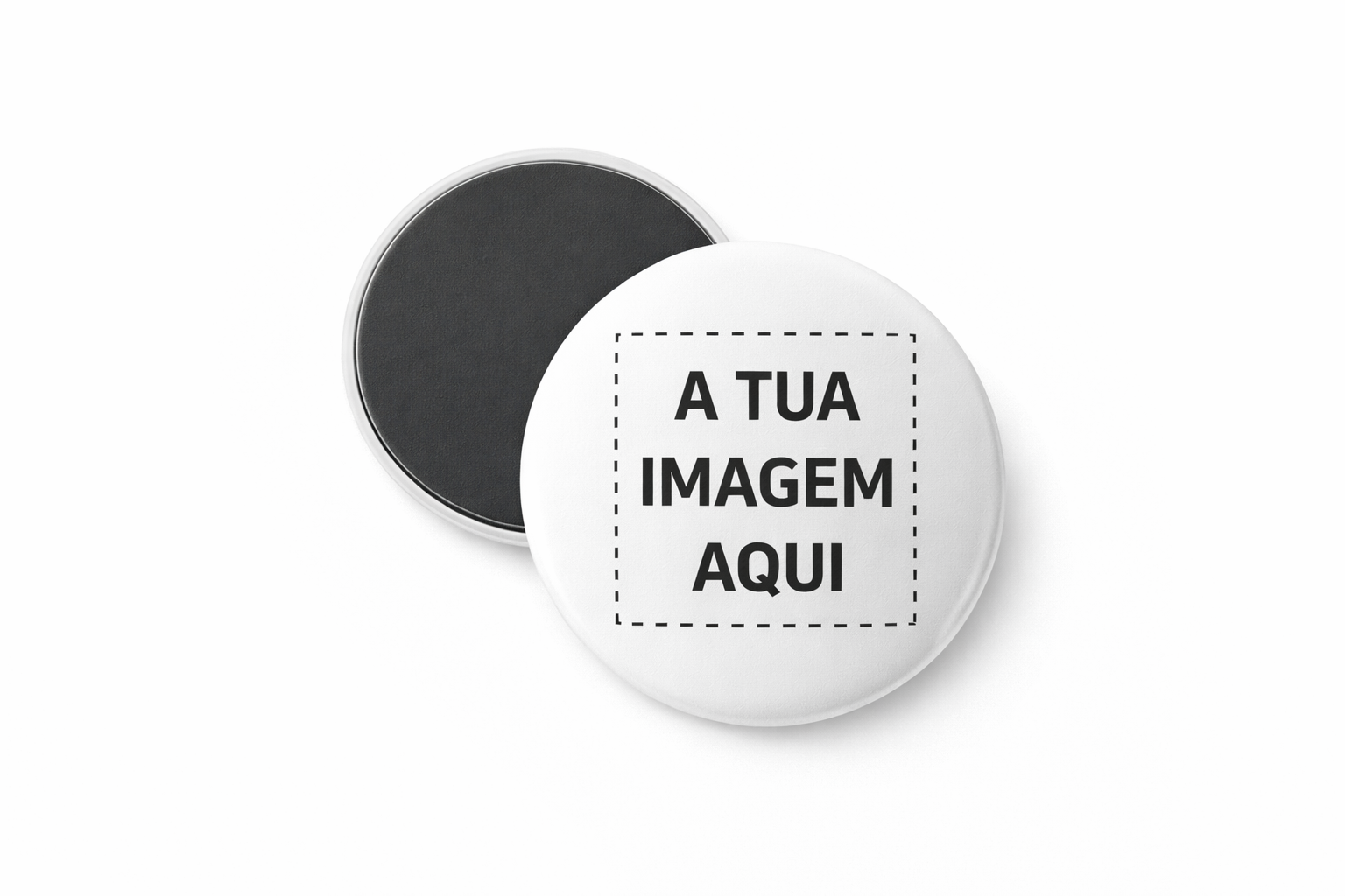Cria o teu Presente Ímanes redondos um branco com texto e um preto em fundo branco
