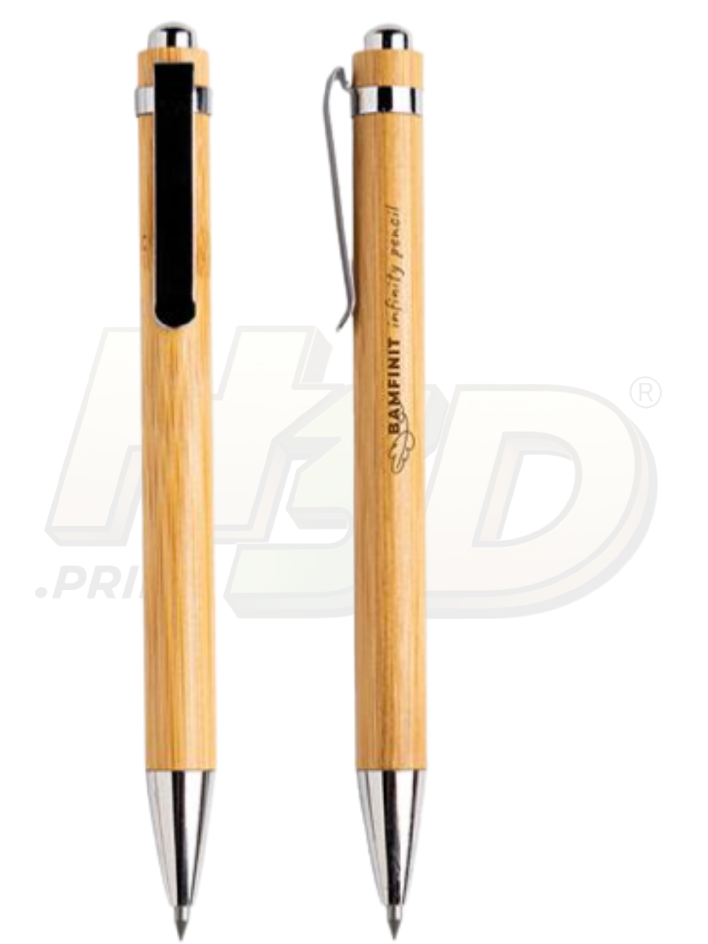 Lápis Infinito Personalizável em Bambu Duas esferográficas de madeira clara com detalhes em metal prateado e clip