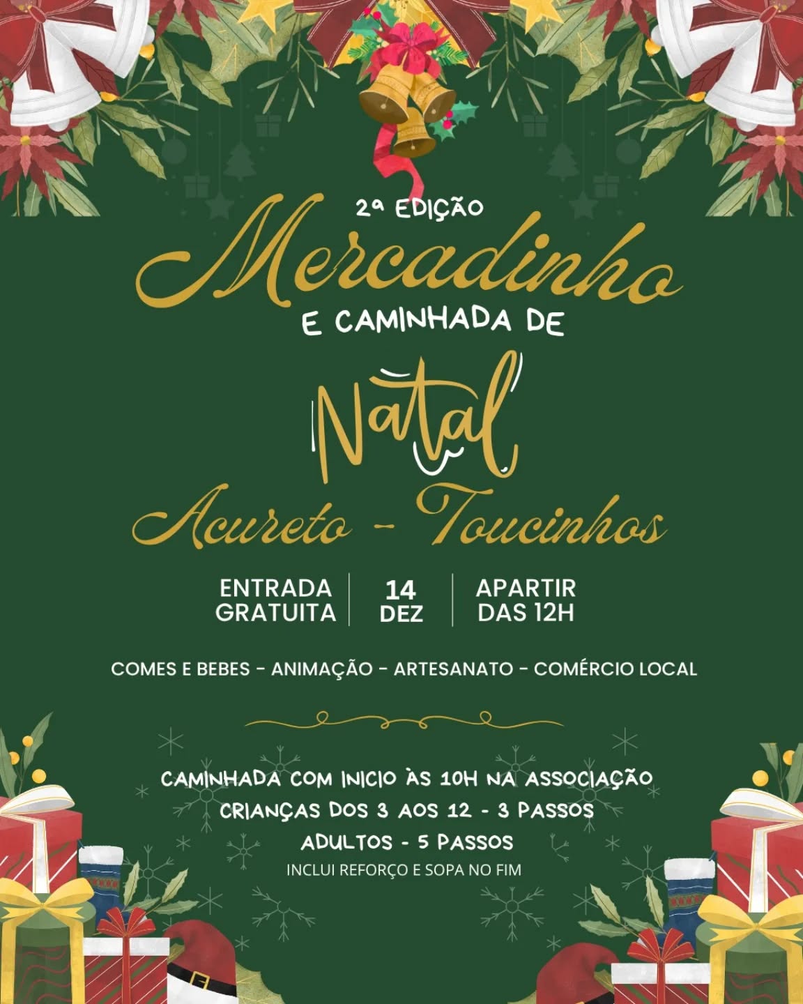 Cartaz verde de Natal com sinos, presentes e texto do evento Mercadinho e Caminhada de Natal.