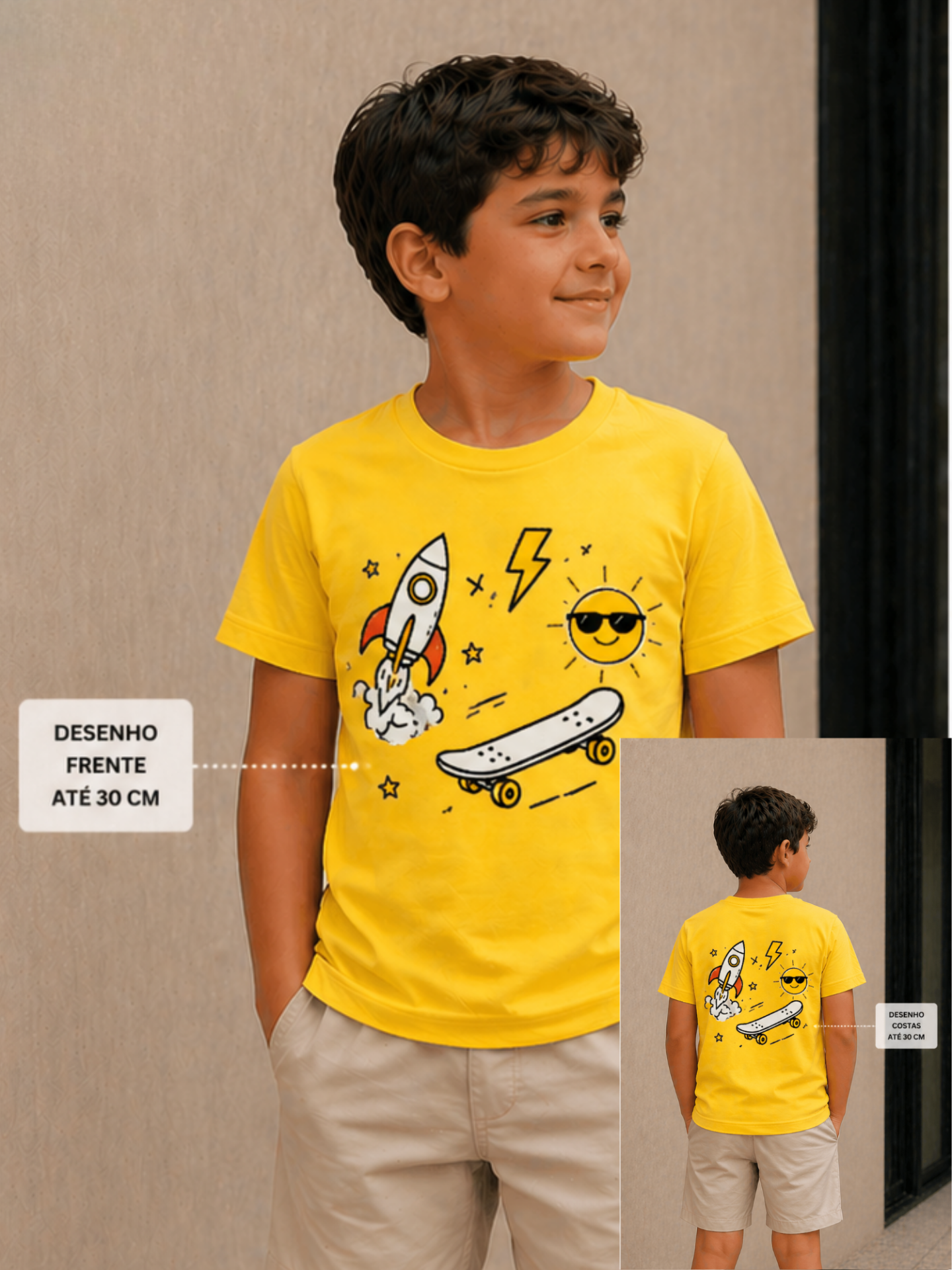 T-Shirt Criança Personalizável Frente ou Costas Grande 150g/m²- Várias Cores Camisola amarela para criança com estampado de foguetão, sol, raio e skate