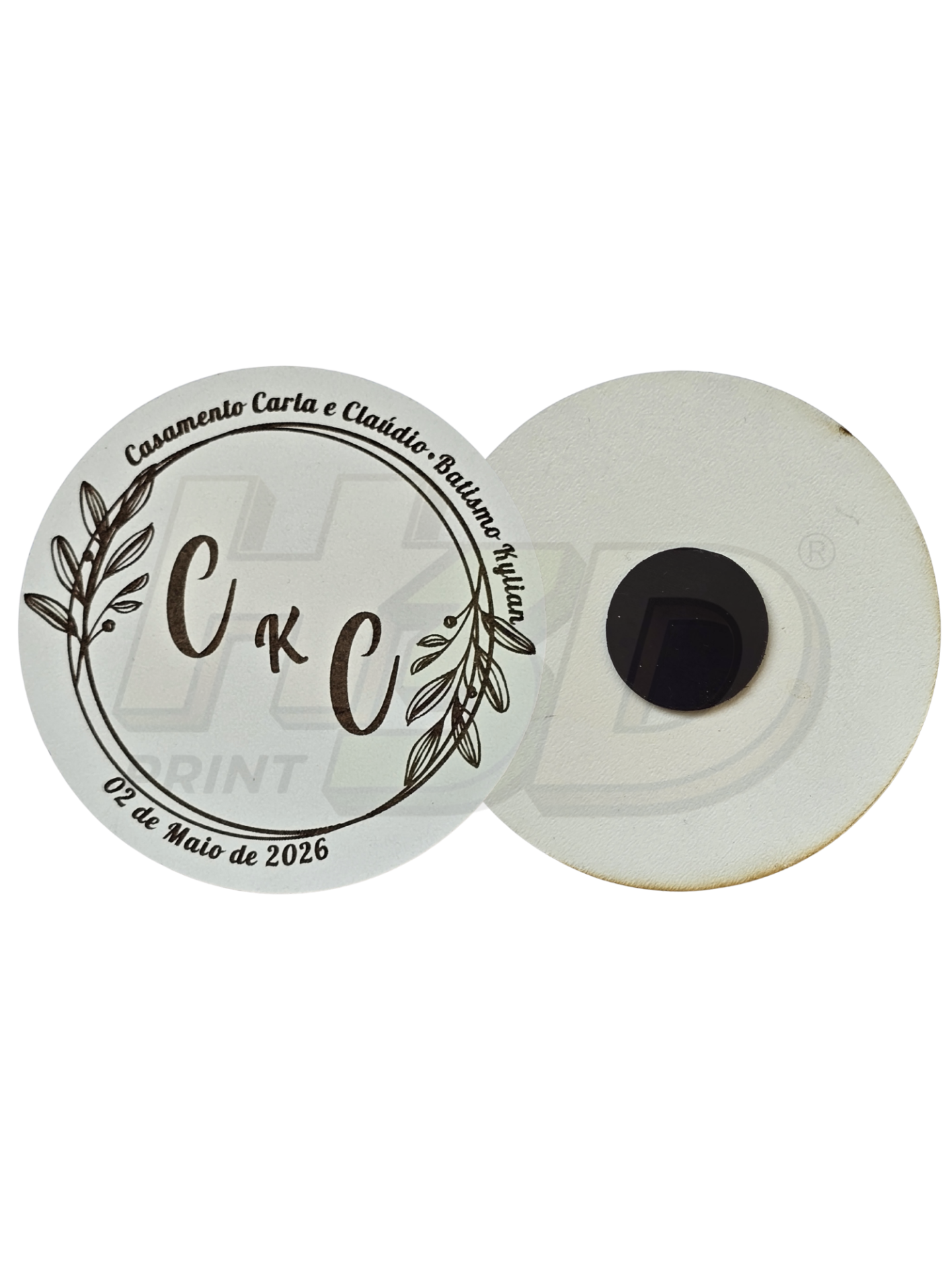 Íman Personalizado em Madeira para Casamento & Batizado Ímanes redondos brancos personalizados com design e texto para evento