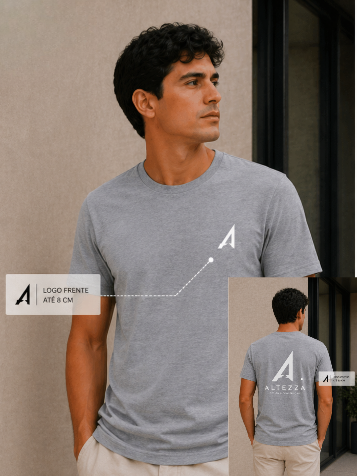 T-Shirt Adulto Personalizável Frente e Verso 190g/m²- Várias Cores Homem com t-shirt cinzenta com logótipo ALTEZZA branco na frente e costas, em fundo neutro.