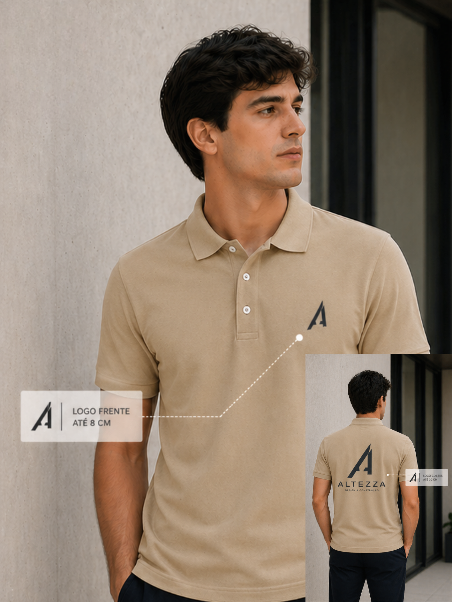 Polo Adulto Personalizável Frente e Verso 200g/m² - Várias Cores Homem a usar polo bege com logótipo preto ALTEZZA no peito e nas costas