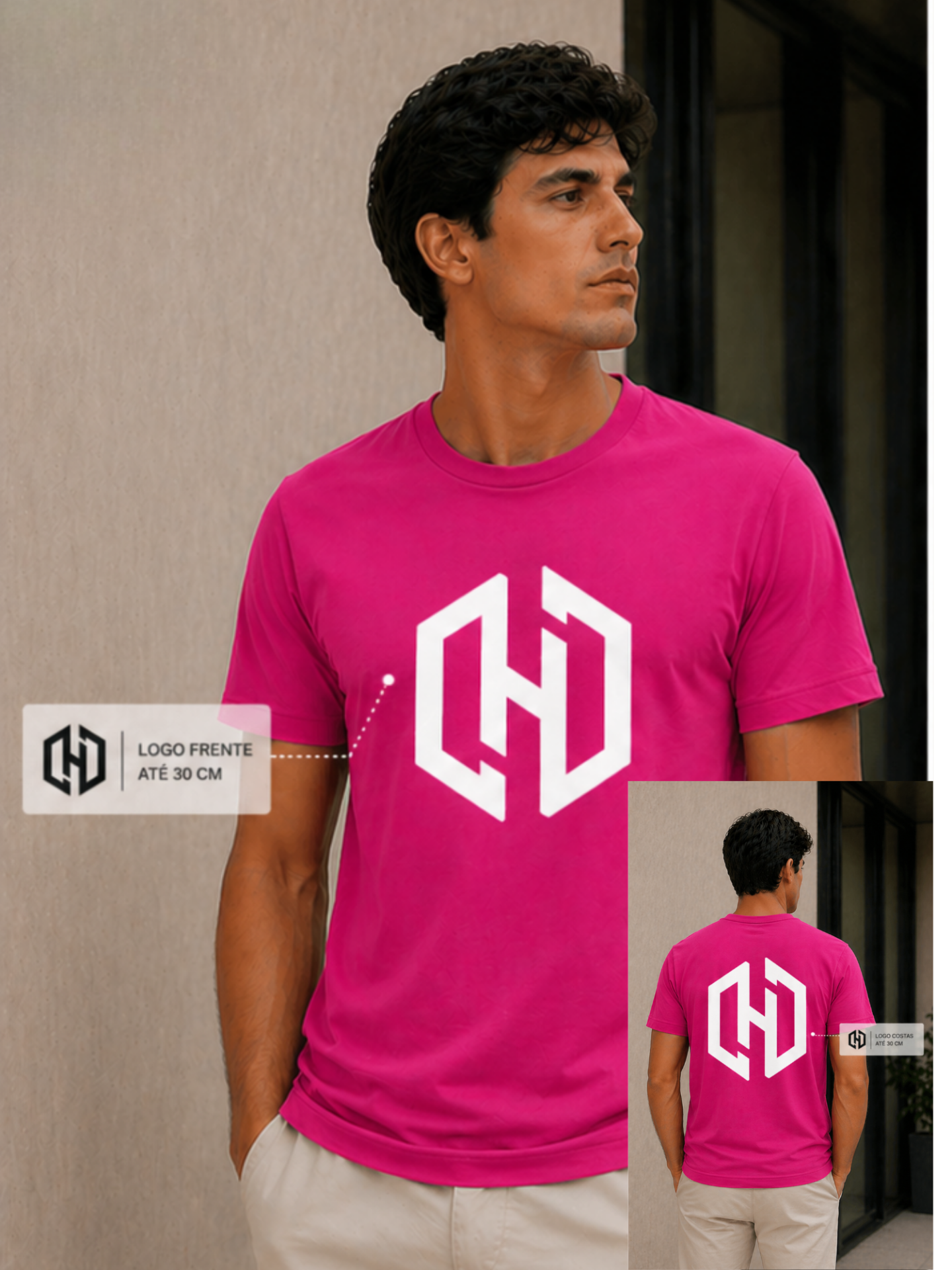 T-Shirt Adulto Personalizável Frente e Costas 150g/m² - Várias Cores Homem a usar uma t-shirt rosa com logotipo branco geométrico na frente e nas costas.