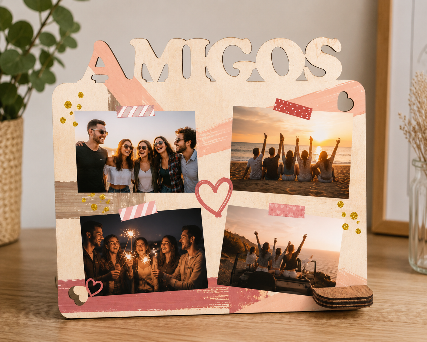 Moldura “Amigos” Personalizada Porta-fotos em madeira recortada com a palavra AMIGOS e fotografias decorativas