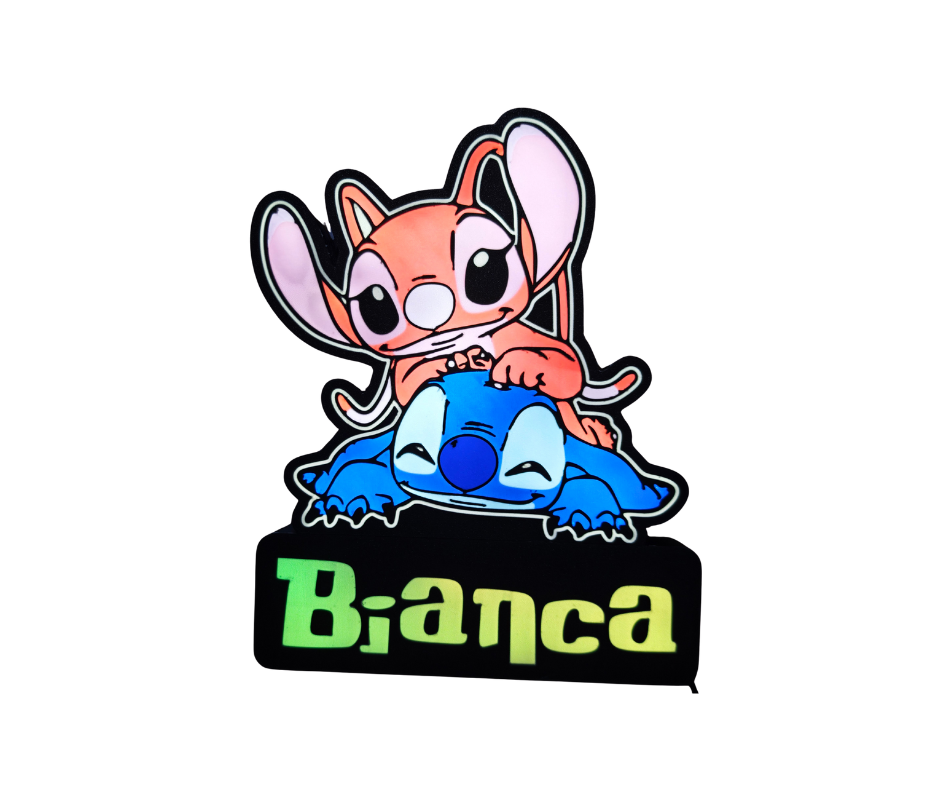 Iluminária Stich & Angel Adesivo vinil com personagens animados e texto Bianca
