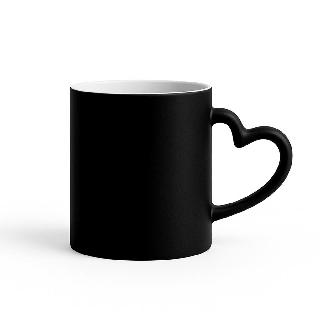 Caneca Mágica Preto Mate 300ml com Pega em Formato de Coração Personalizável Caneca preta com pega em forma de coração