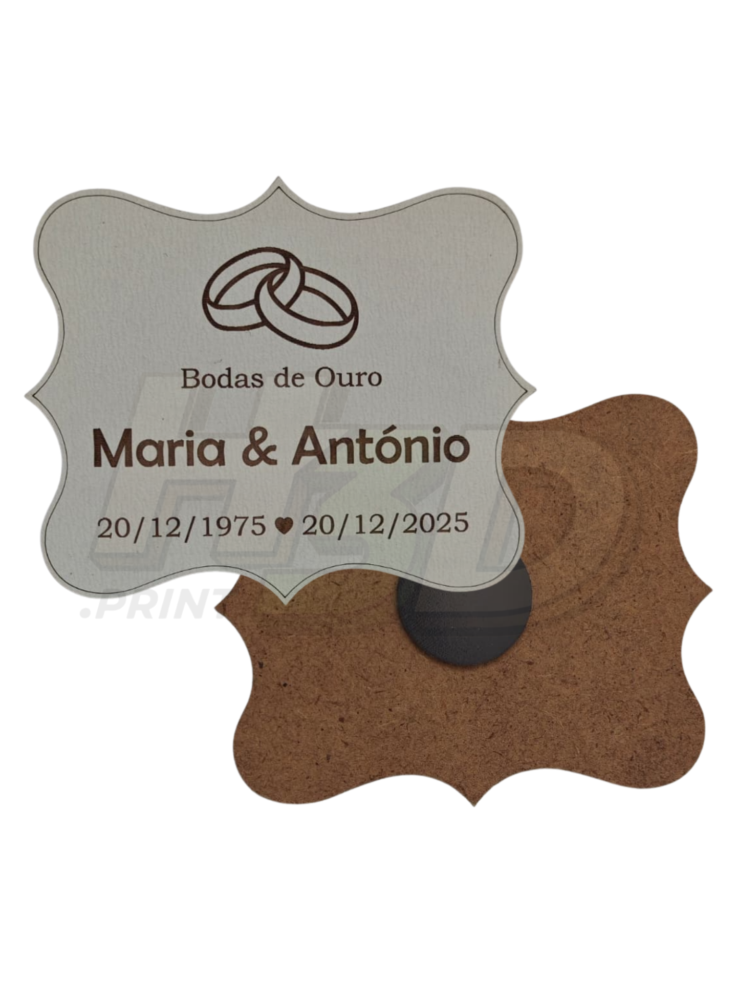 Íman Personalizado em Madeira – Bodas de Ouro (50 Anos de Casamento) Placa de madeira decorativa Bodas de Ouro com texto comemorativo