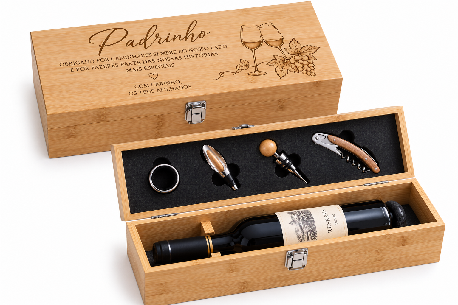 Conjunto de Vinho Personalizado para Padrinho Conjunto de vinho com caixa e acessórios em madeira e metal