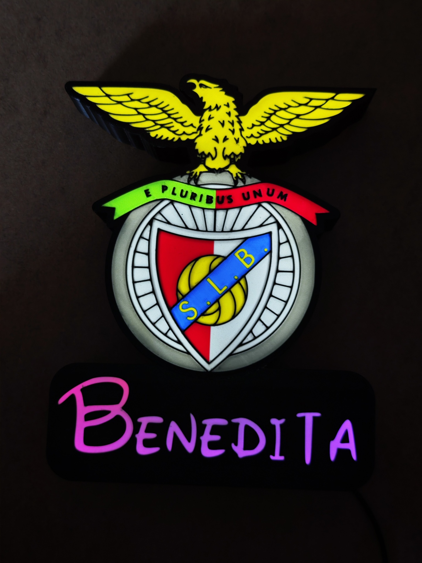 Iluminária Benfica Placa luminosa com o emblema do SL Benfica e a palavra BENEDITA em letras cor-de-rosa