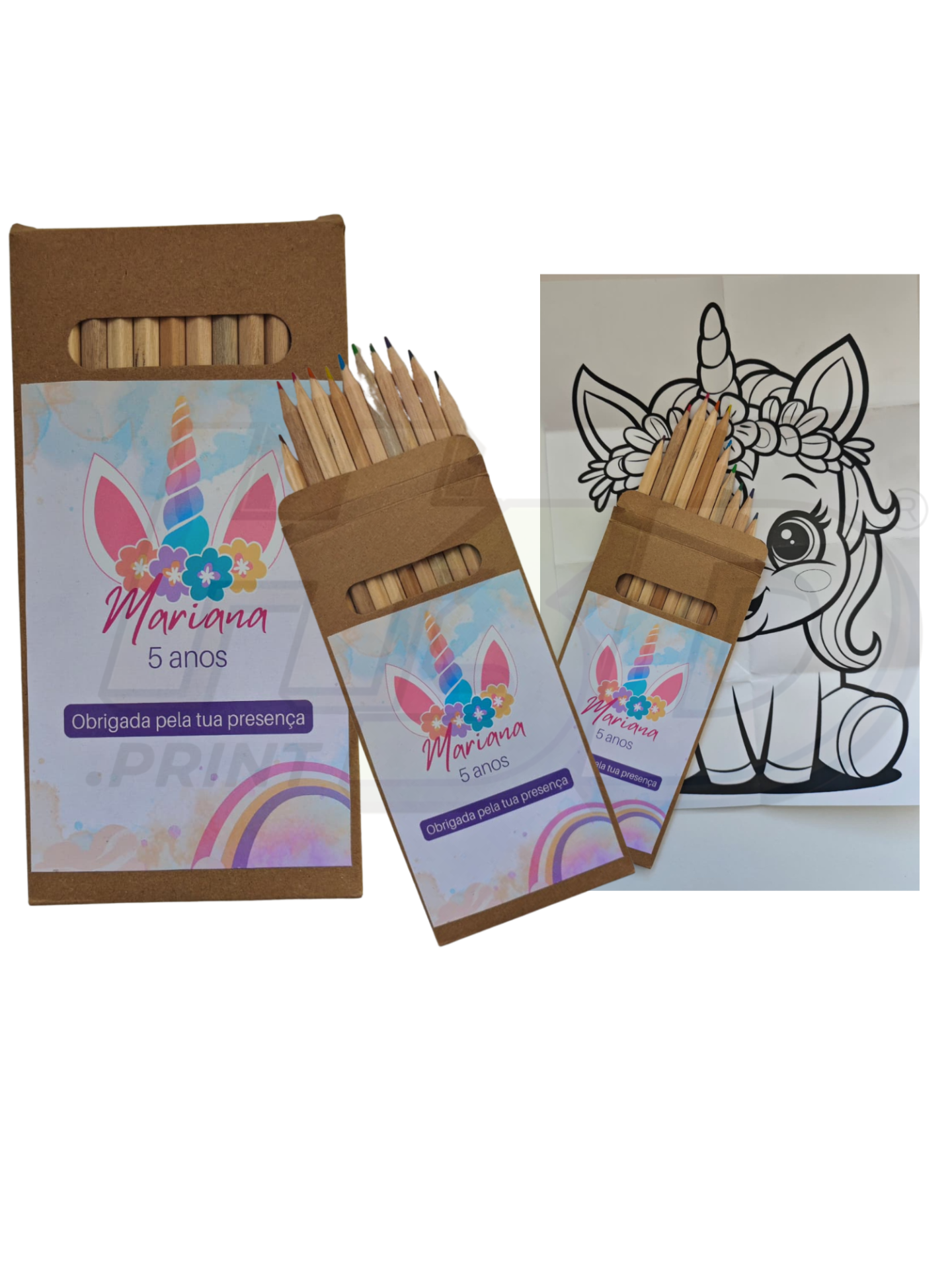 Kit Lápis de Cor Personalizado com Desenho Lápis de cor em estojo de cartão com etiqueta de unicórnio e papel para colorir unicórnio
