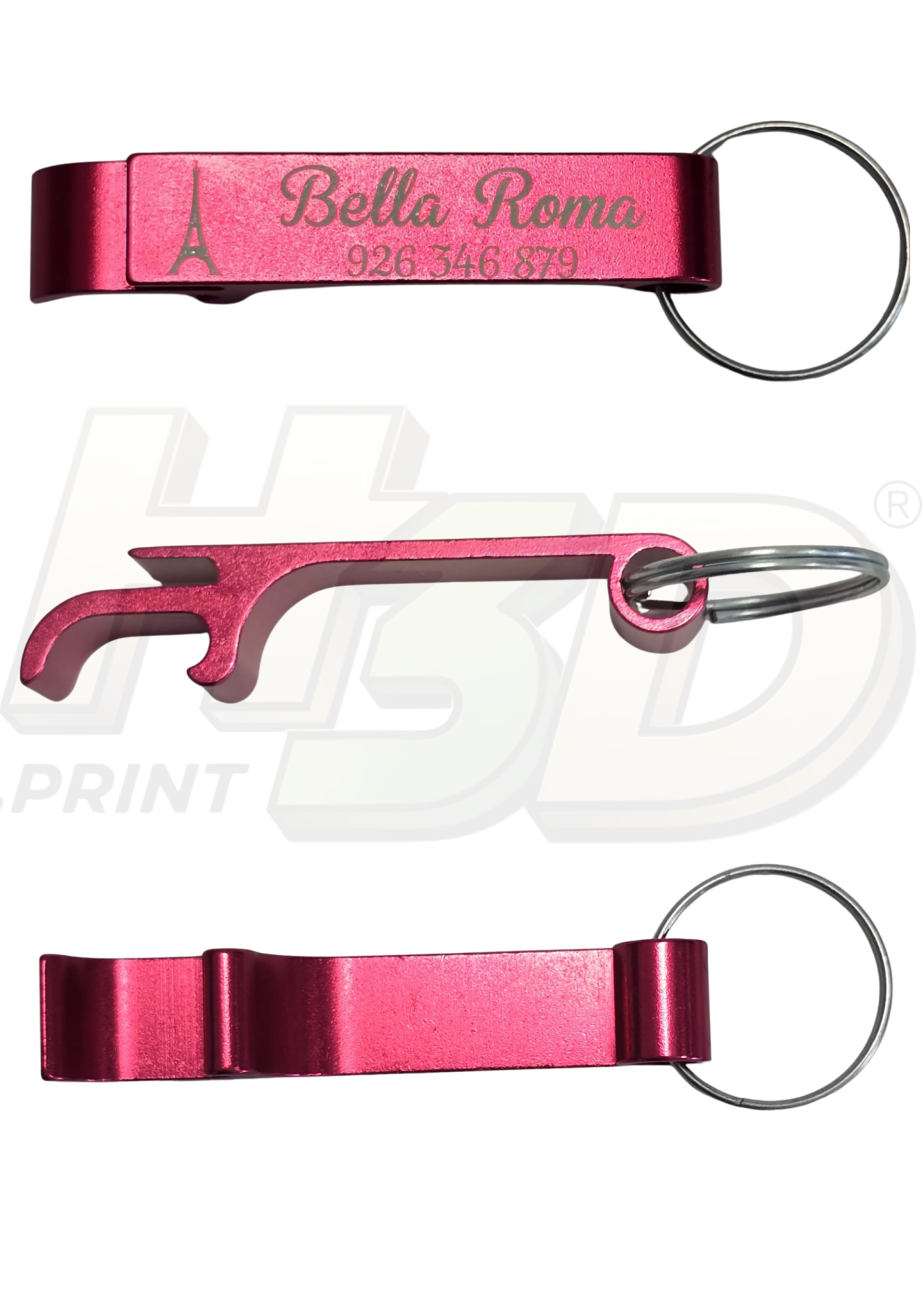 Porta-Chaves Abre Cápsulas Personalizado – Alumínio Colorido (Modelo Clássico) chaveiro abridor de garrafas rosa metálico com texto Bella Roma