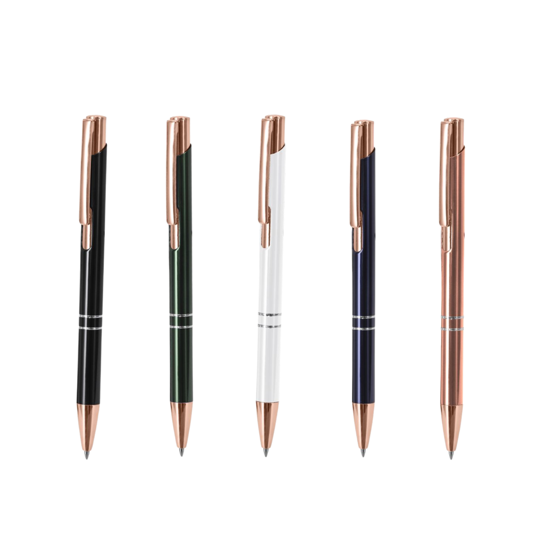 Caneta - Esferográfica Croft Cinco canetas esferográficas coloridas com detalhes em rose gold num fundo branco