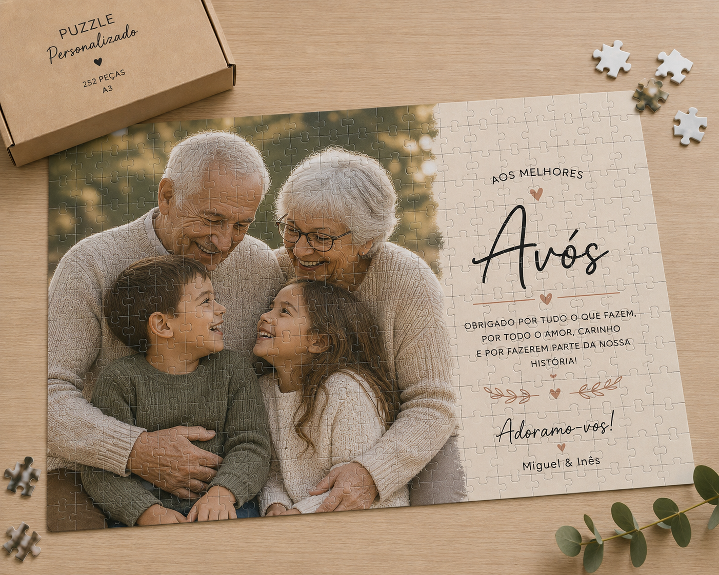 Puzzle A3 Personalizado – 252 Peças Puzzle personalizado com foto de avós e netos e texto de agradecimento em português