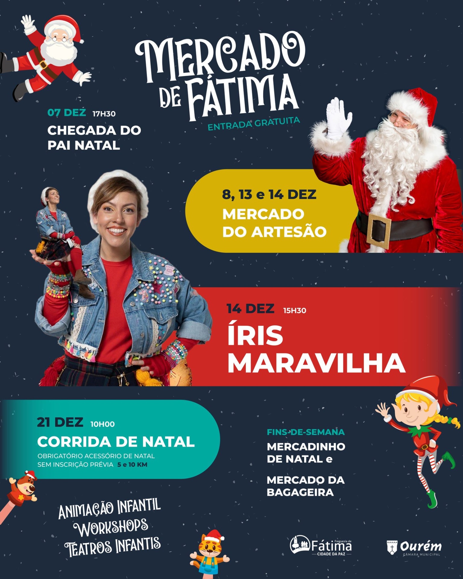 Cartaz do Mercado de Fátima com festa de Natal e eventos, incluindo Pai Natal e personagens infantis