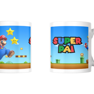 Caneca branca com ilustração do Mario e texto SUPER PAI