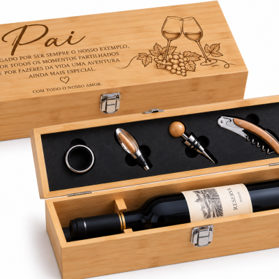 Conjunto de vinho em caixa de madeira clara com frase para pai, inclui ferramentas para vinho e garrafa de vinho tinto