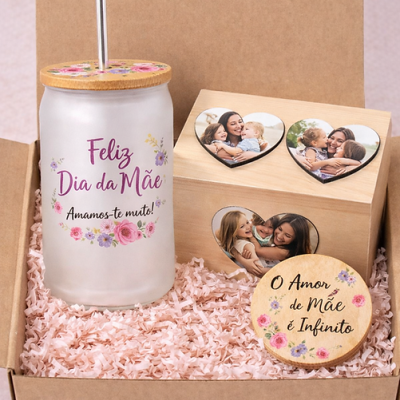 Conjunto presente para Dia da Mãe com copo de vidro, caixa de madeira com fotos e placa decorativa