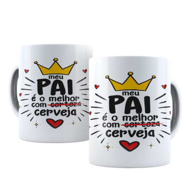 Duas canecas brancas com texto e decoração colorida, vista frontal e lateral.