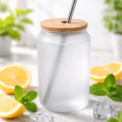 Frasco em vidro fosco com tampa de madeira e canudo metálico