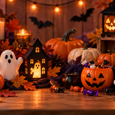 Decoração de Halloween com abóboras, velas, fantasmas, caveira e folhas secas num ambiente aconchegante.