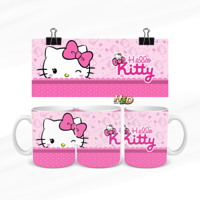 Canecas brancas com design rosa Hello Kitty com laço e texto