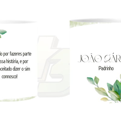 Caneca branca com folhas verdes e texto em preto