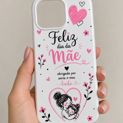 Capa de telemóvel branca com estampado de dia da Mãe em rosa e preto com ilustração de mãe e filha.