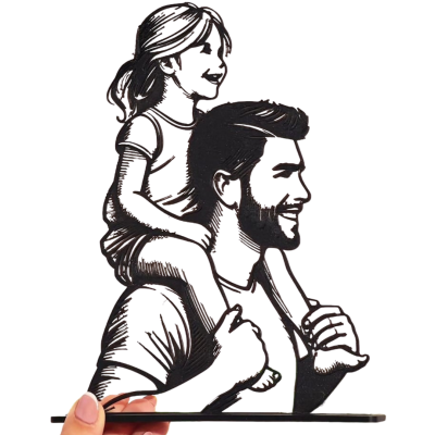 Escultura metálica preta de homem com menina nos ombros