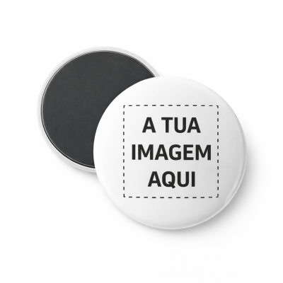 Ímanes redondos um branco com texto e um preto em fundo branco