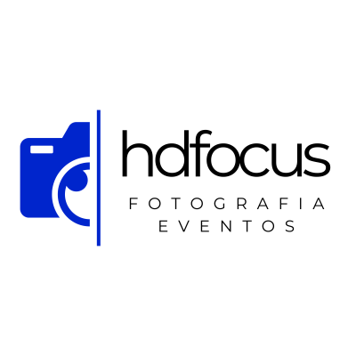 Logótipo HDFocus Fotografia Eventos com câmara azul