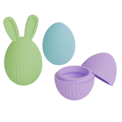 Caixas decorativas em forma de ovo com textura de tricô em verde, azul e lilás