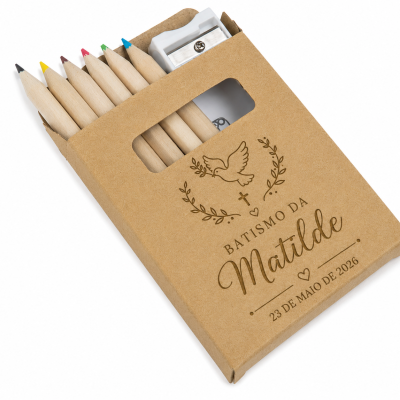 Conjunto de lápis de cor com embalagem personalizada castanha para batismo