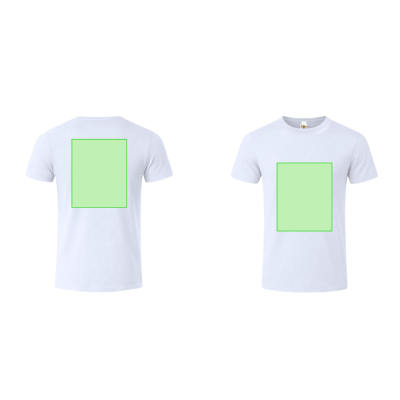 Duas T-shirts brancas com quadrados verdes claras destacando a área de impressão.